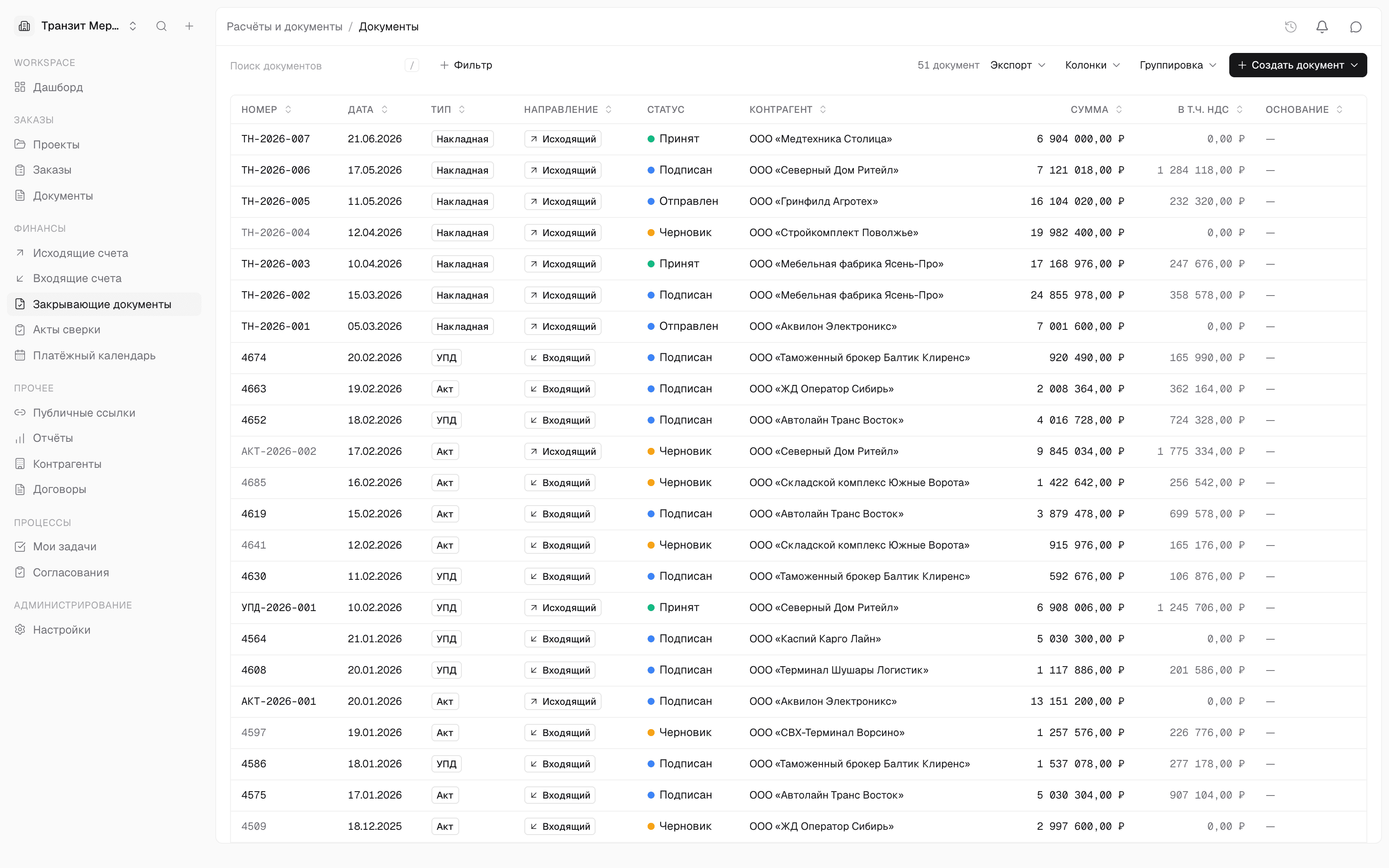 Реестр закрывающих документов DocInspect: накладные, УПД и акты с направлением, статусом подписания, контрагентом и суммами с НДС