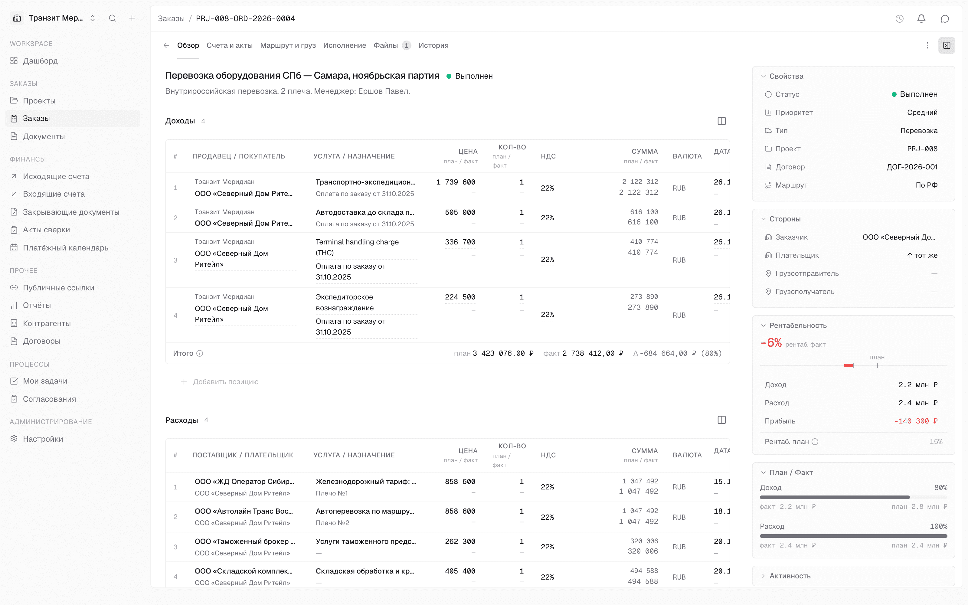 Карточка заказа в DocInspect: доходы и расходы с планом и фактом, ставки НДС, привязанные счета, панель свойств с рентабельностью